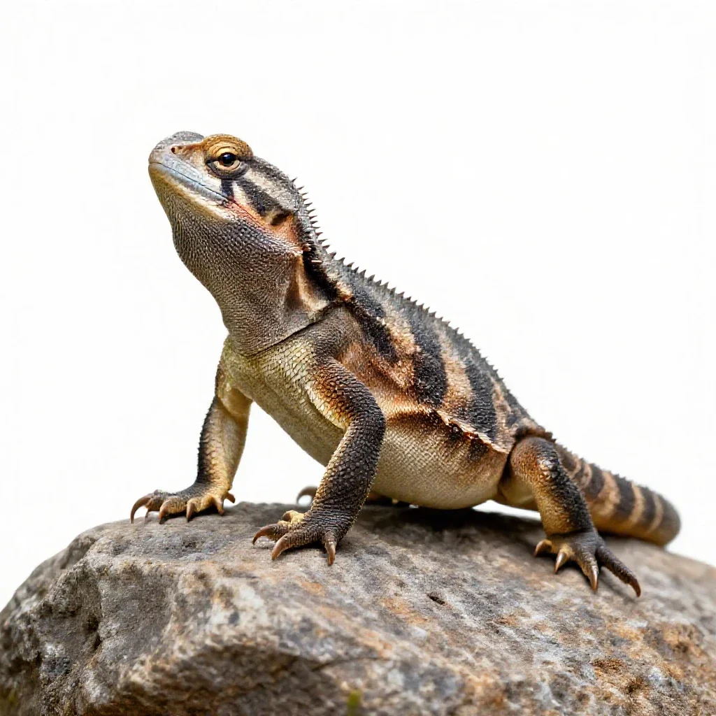 Tuatara on a rock isolated on a white background