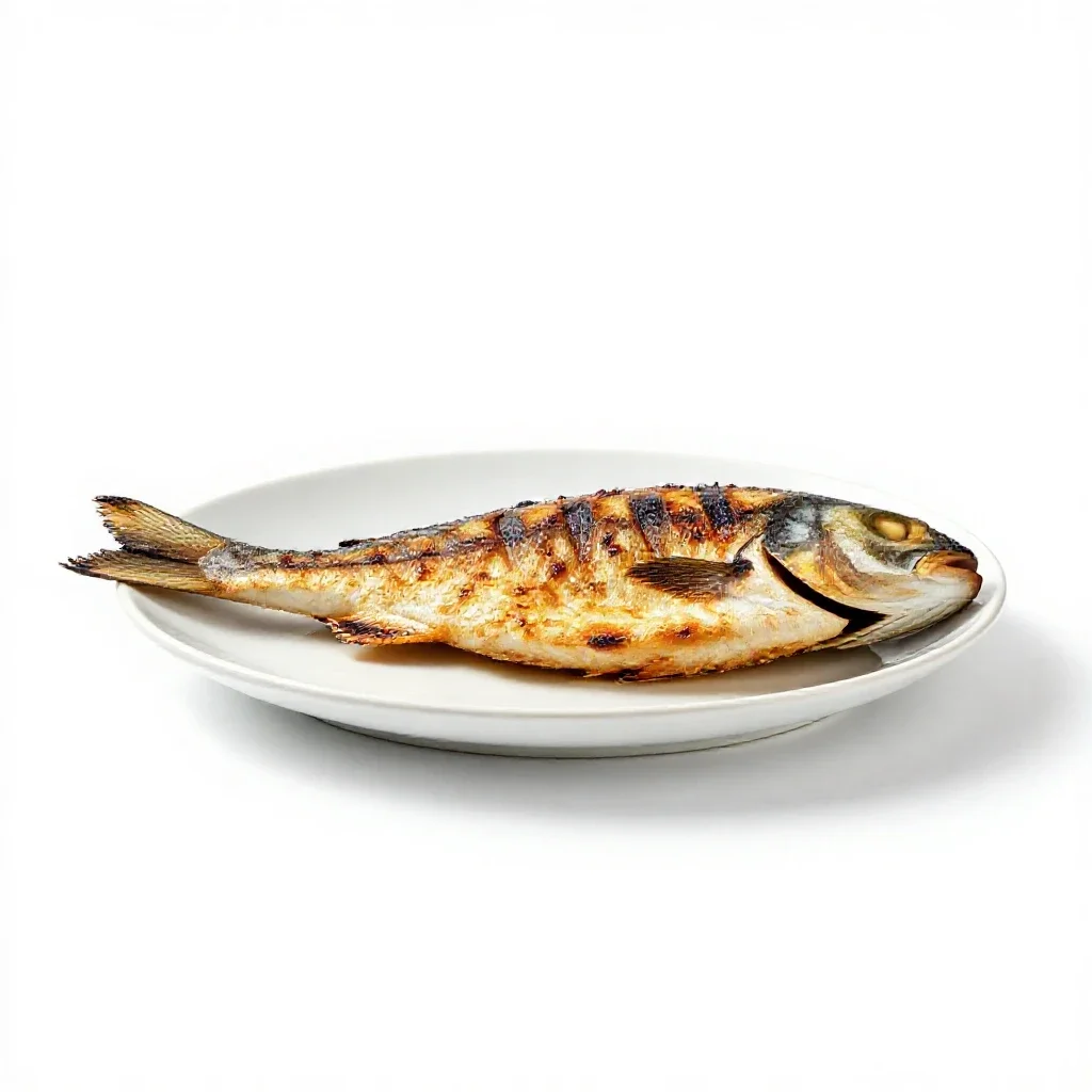 Grilled fish on a plate isolated on a white background