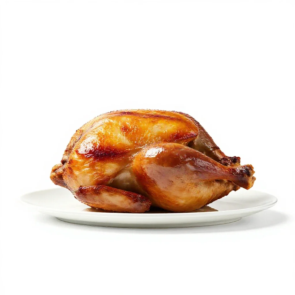 Roast chicken on a board isolated on a white background