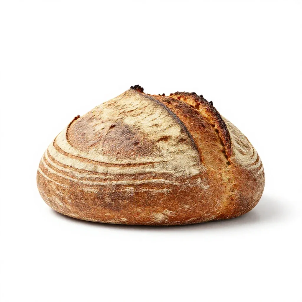 Sourdough boule with a scored crust isolated on a white background