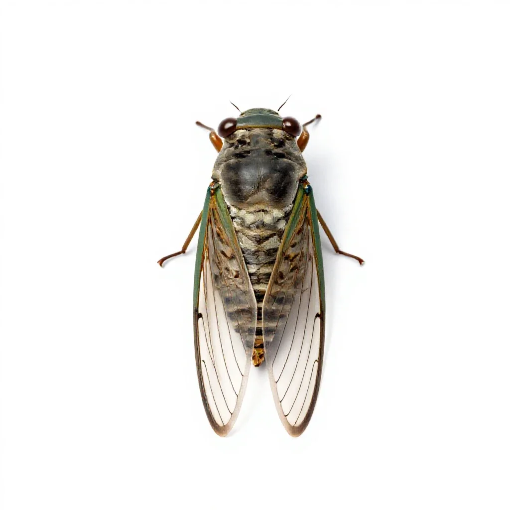 Cicada mid-song isolated on a white background