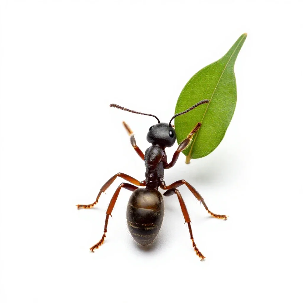 Leafcutter ant carrying a leaf isolated on a white background