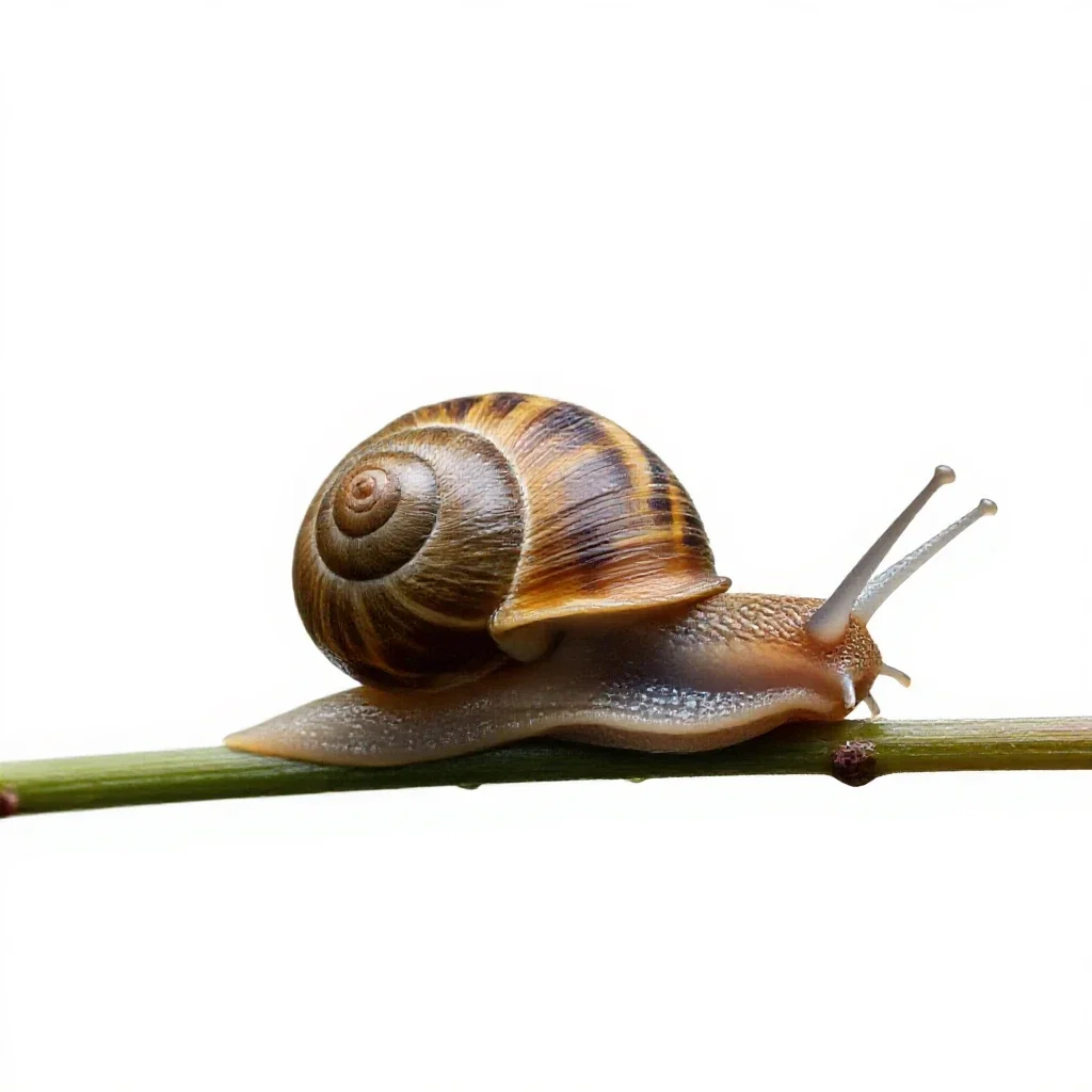 Snail on a wet stem isolated on a white background