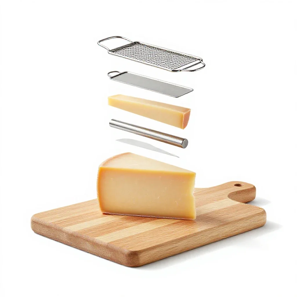 Cheese board with a wire slicer isolated on a white background