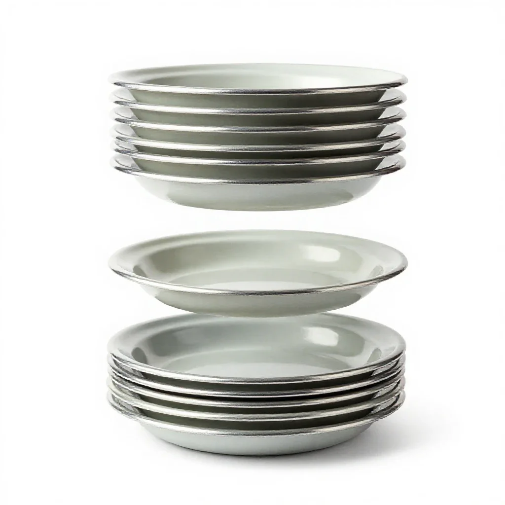 Stack of enamel camping plates isolated on a white background