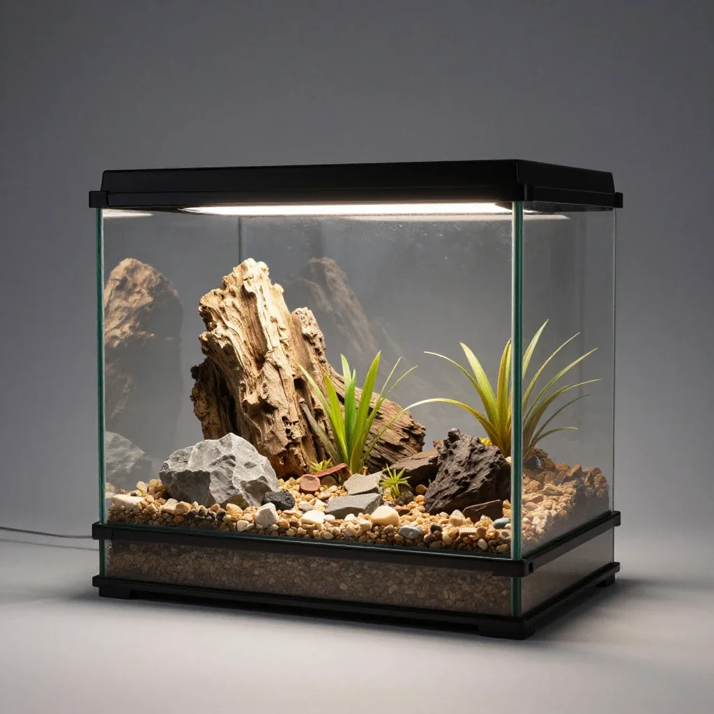 Terrarium with a heat lamp isolated on a white background
