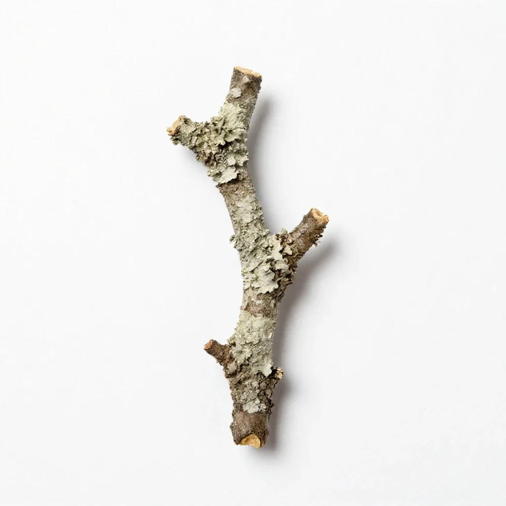 Lichen-covered twig isolated on a white background