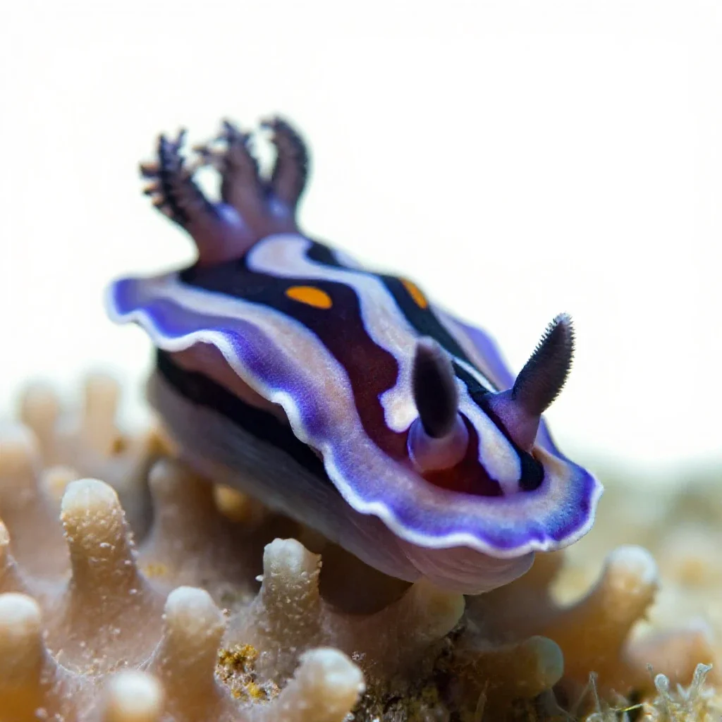 Nudibranch on coral isolated on a white background