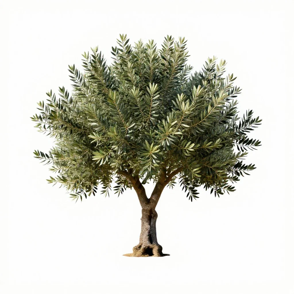 Olive tree with a gnarled trunk isolated on a white background