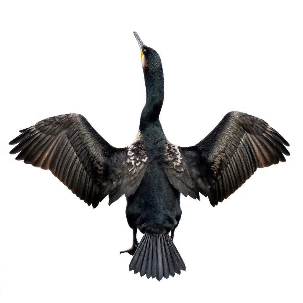Cormorant drying its wings isolated on a white background