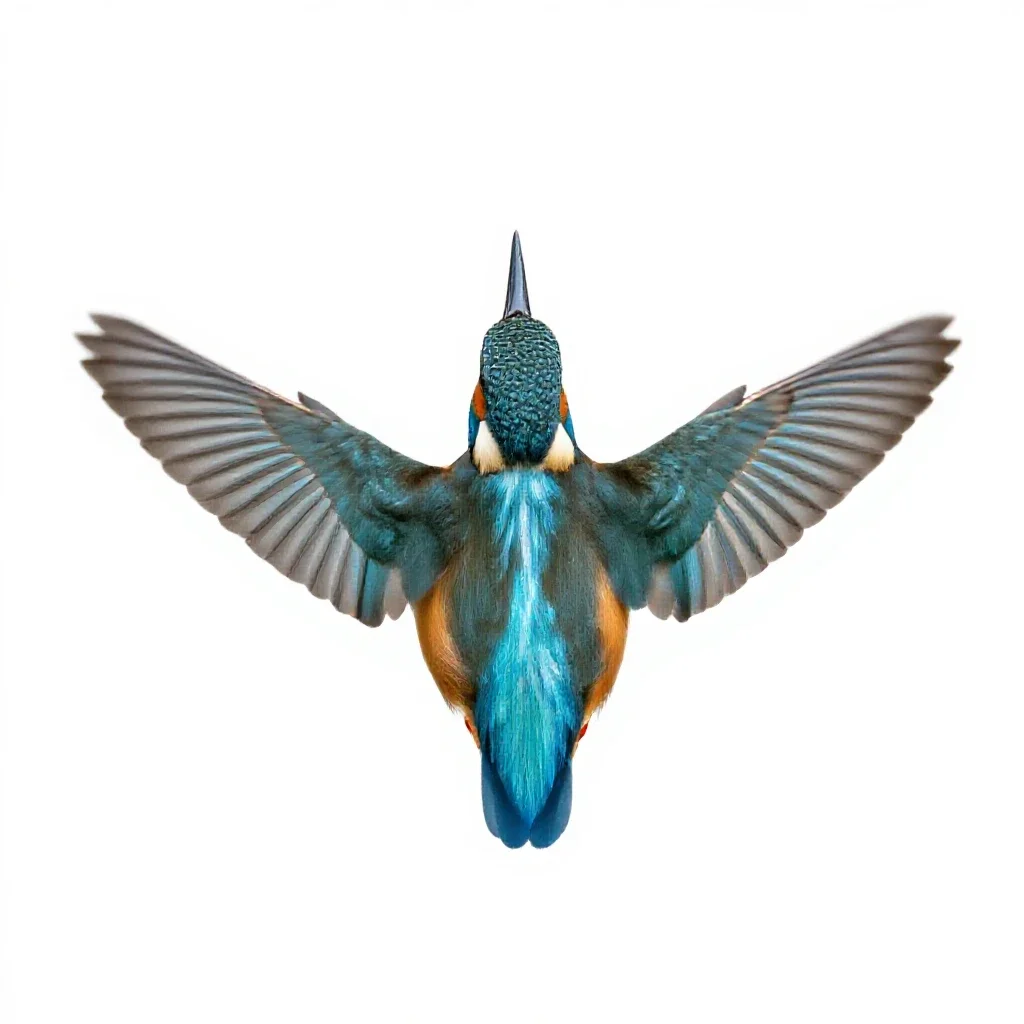 Kingfisher hovering isolated on a white background