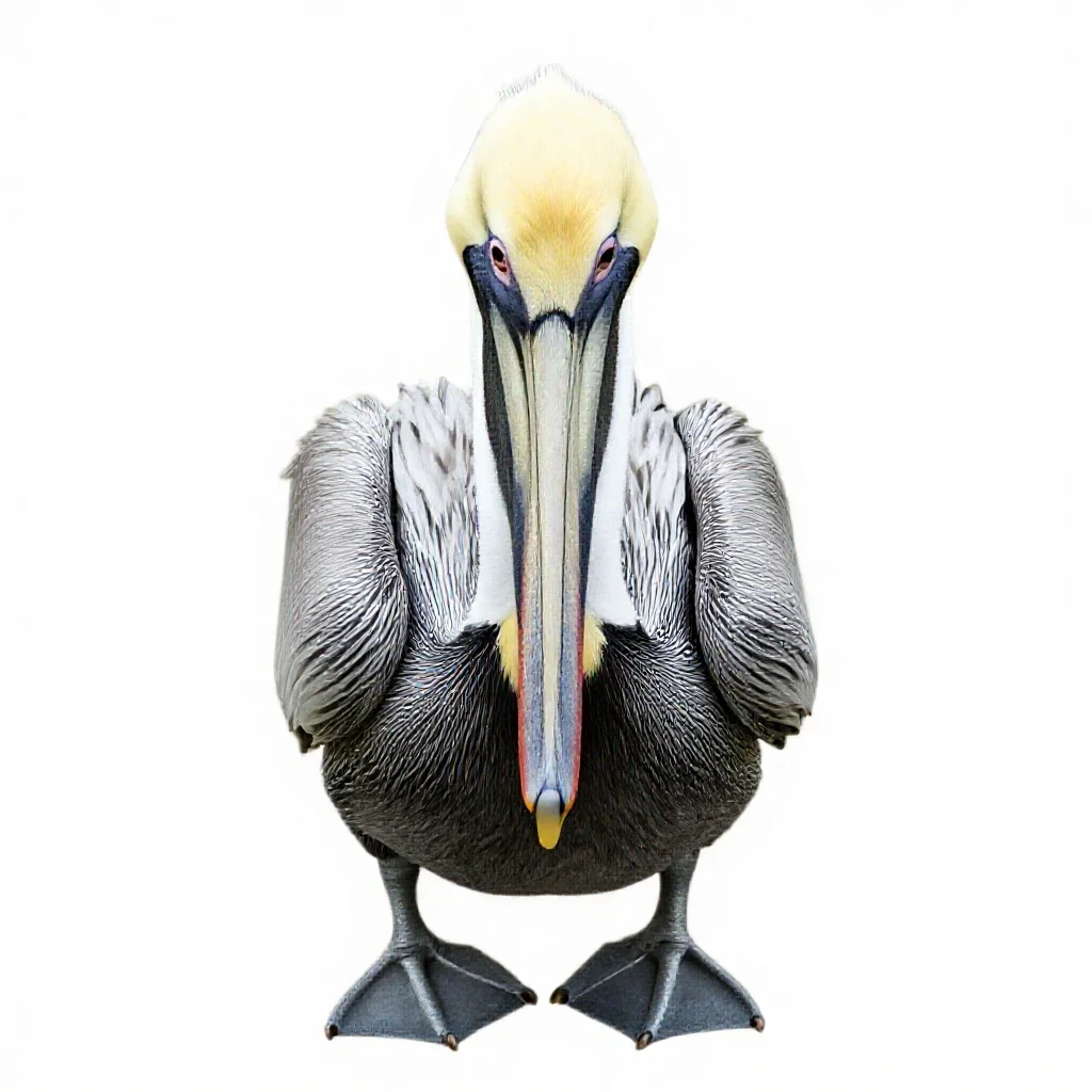 Pelican with its pouch full isolated on a white background