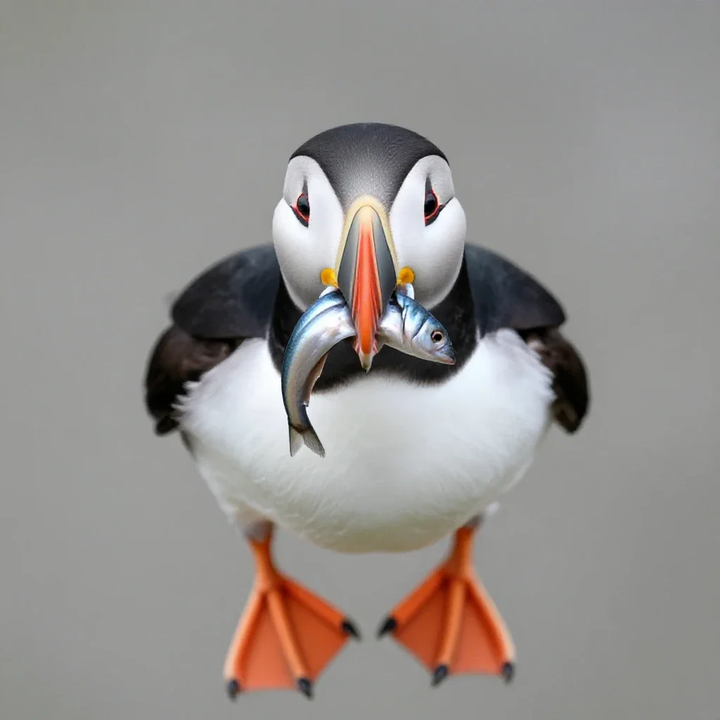 Puffin with a beakful of fish isolated on a white background