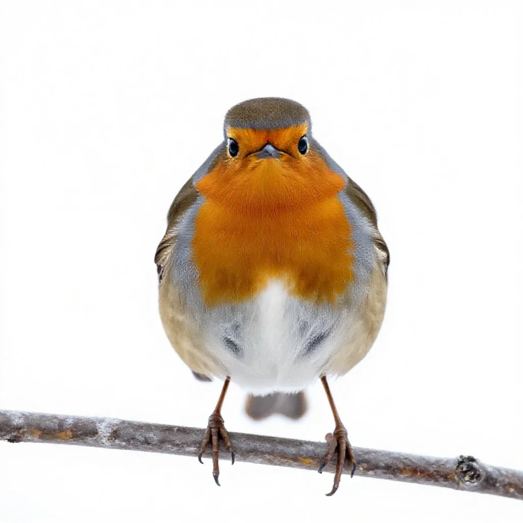 Robin on a frosted branch isolated on a white background