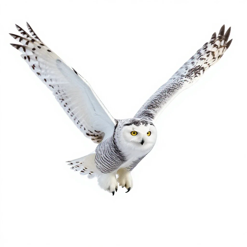 Snowy owl in flight isolated on a white background