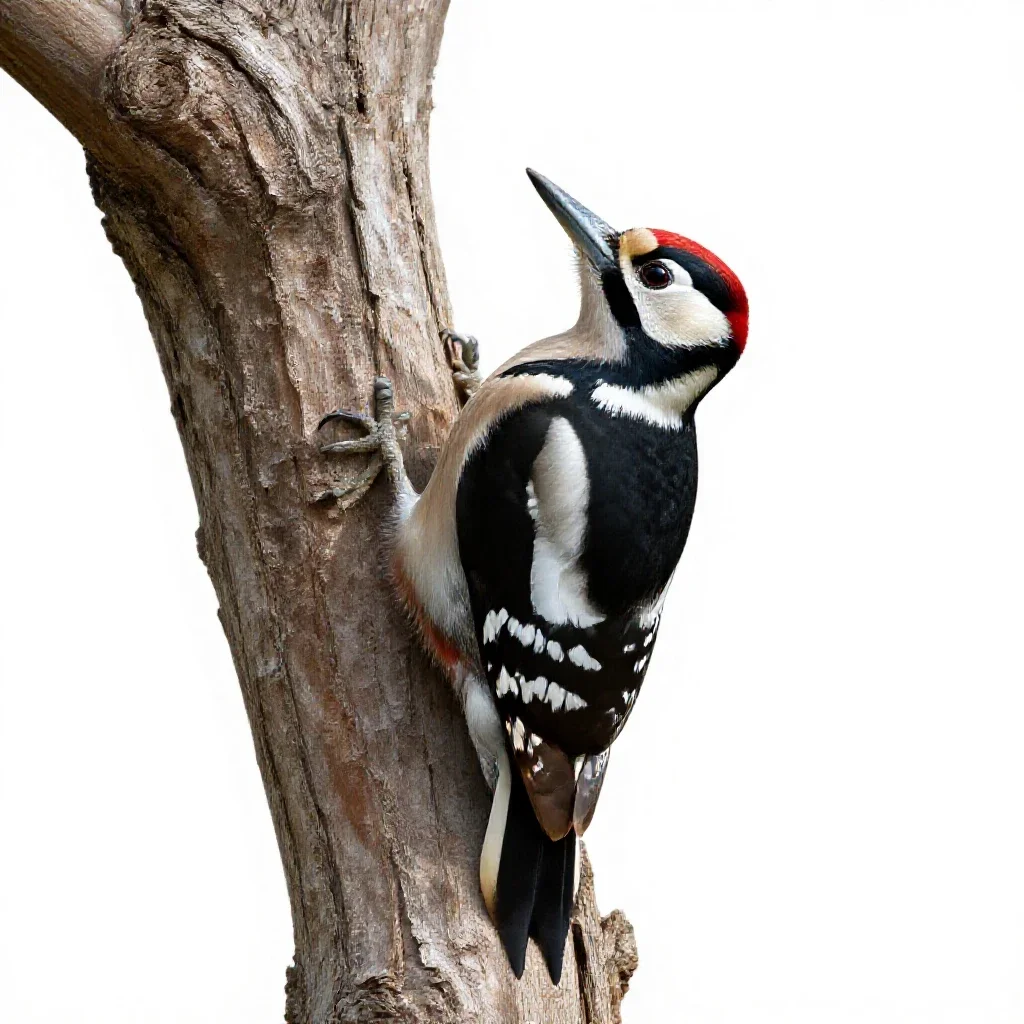 Woodpecker on bark isolated on a white background