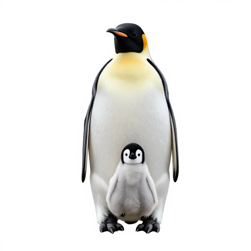 Emperor penguin with a chick isolated on a white background