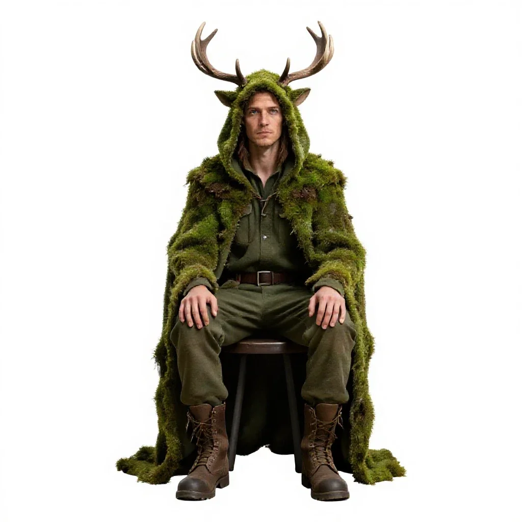 Druid cloaked in moss and antlers isolated on a white background