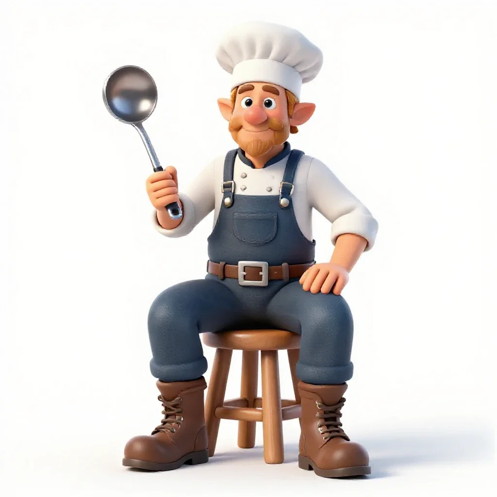 Halfling cook with a ladle isolated on a white background