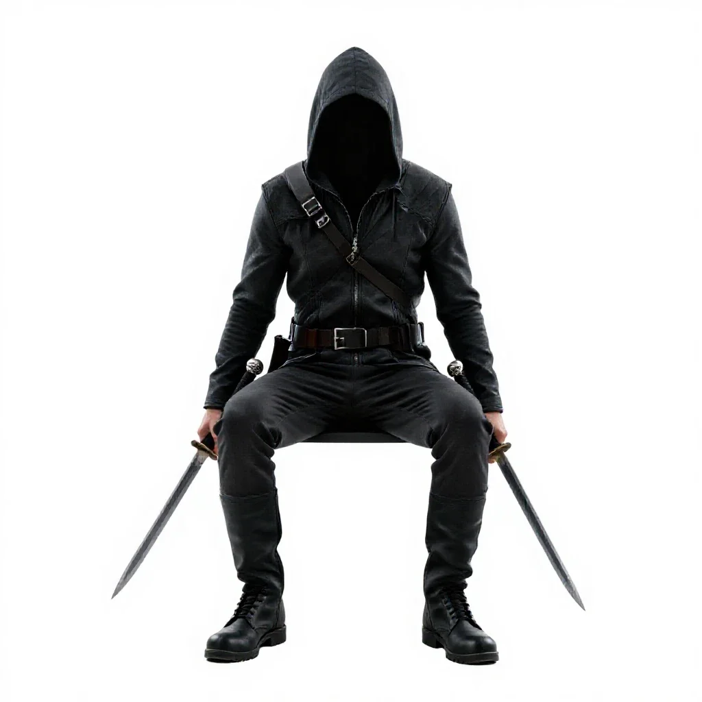Hooded rogue with twin daggers isolated on a white background