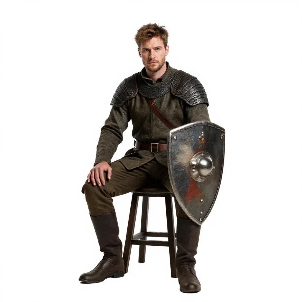 Knight errant with a battered shield isolated on a white background