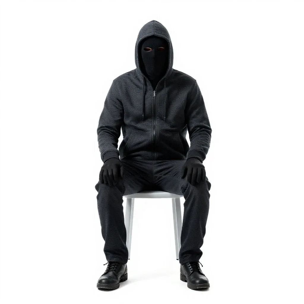 Masked assassin in dark cloth isolated on a white background