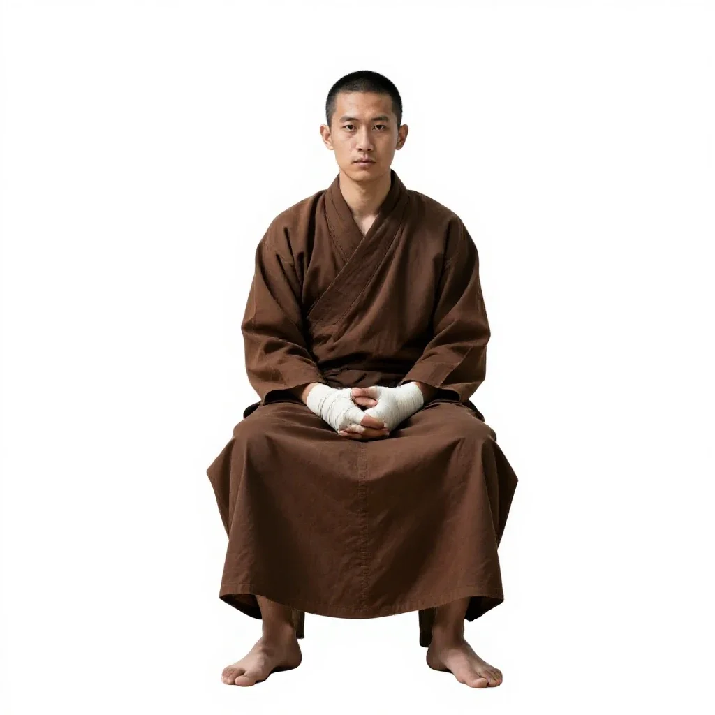 Monastic warrior with wrapped hands isolated on a white background