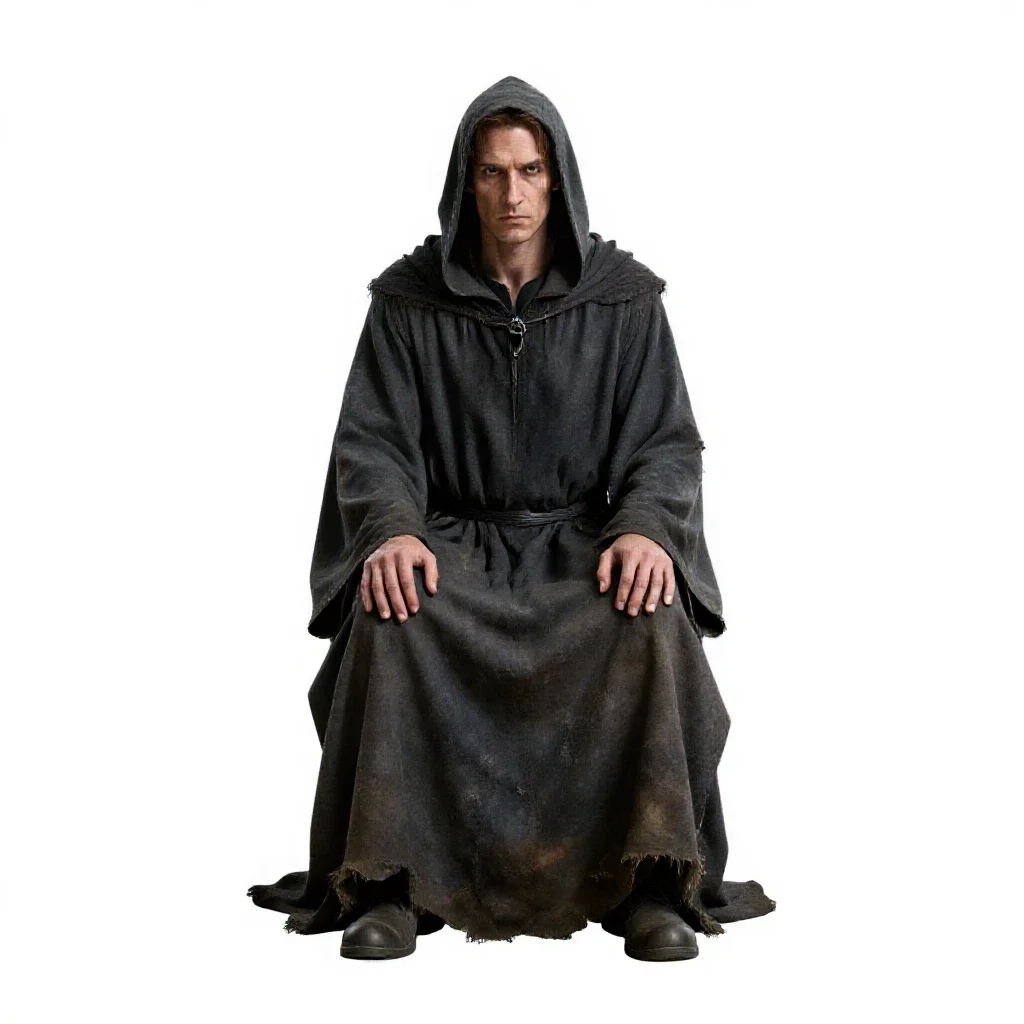 Necromancer in tattered robes isolated on a white background