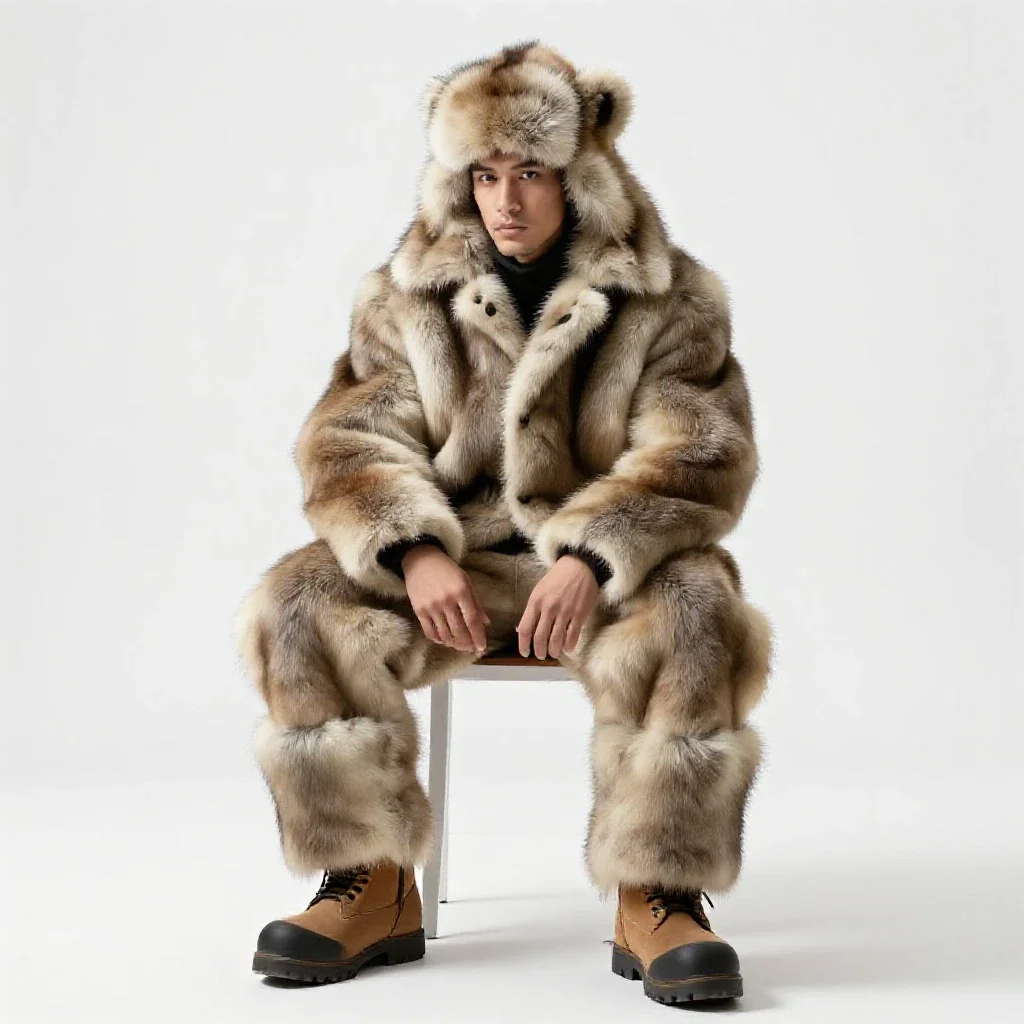 Snow-country hunter in furs isolated on a white background