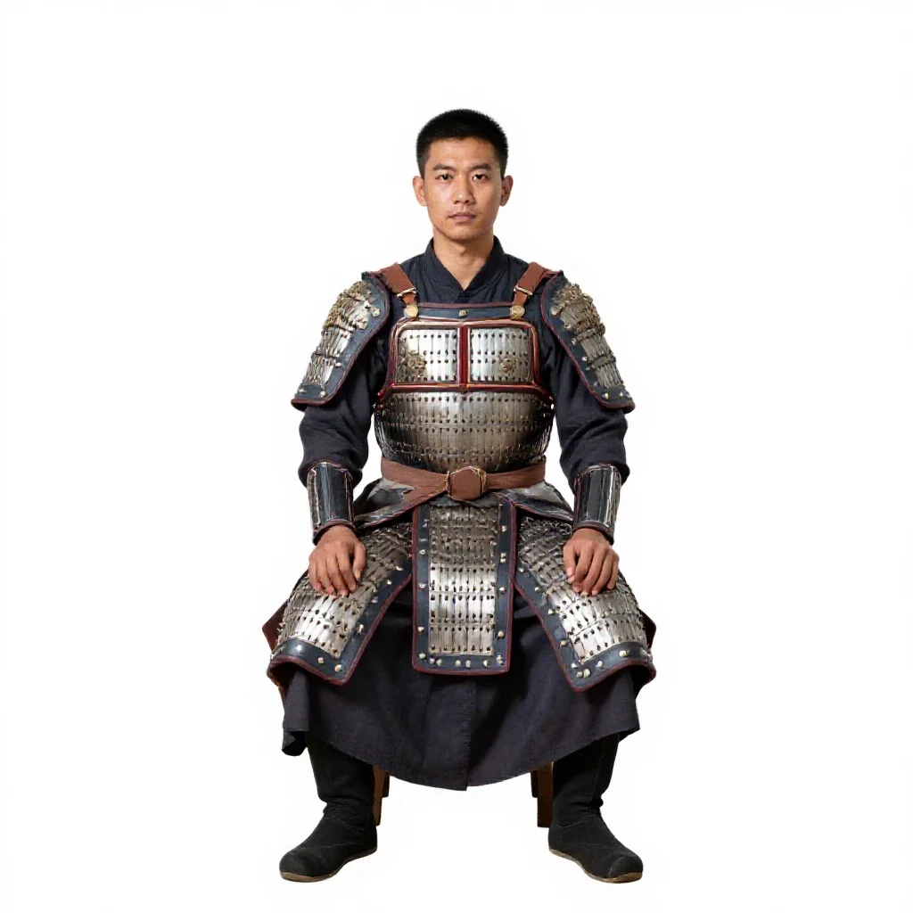 Temple guardian in ceremonial armour isolated on a white background