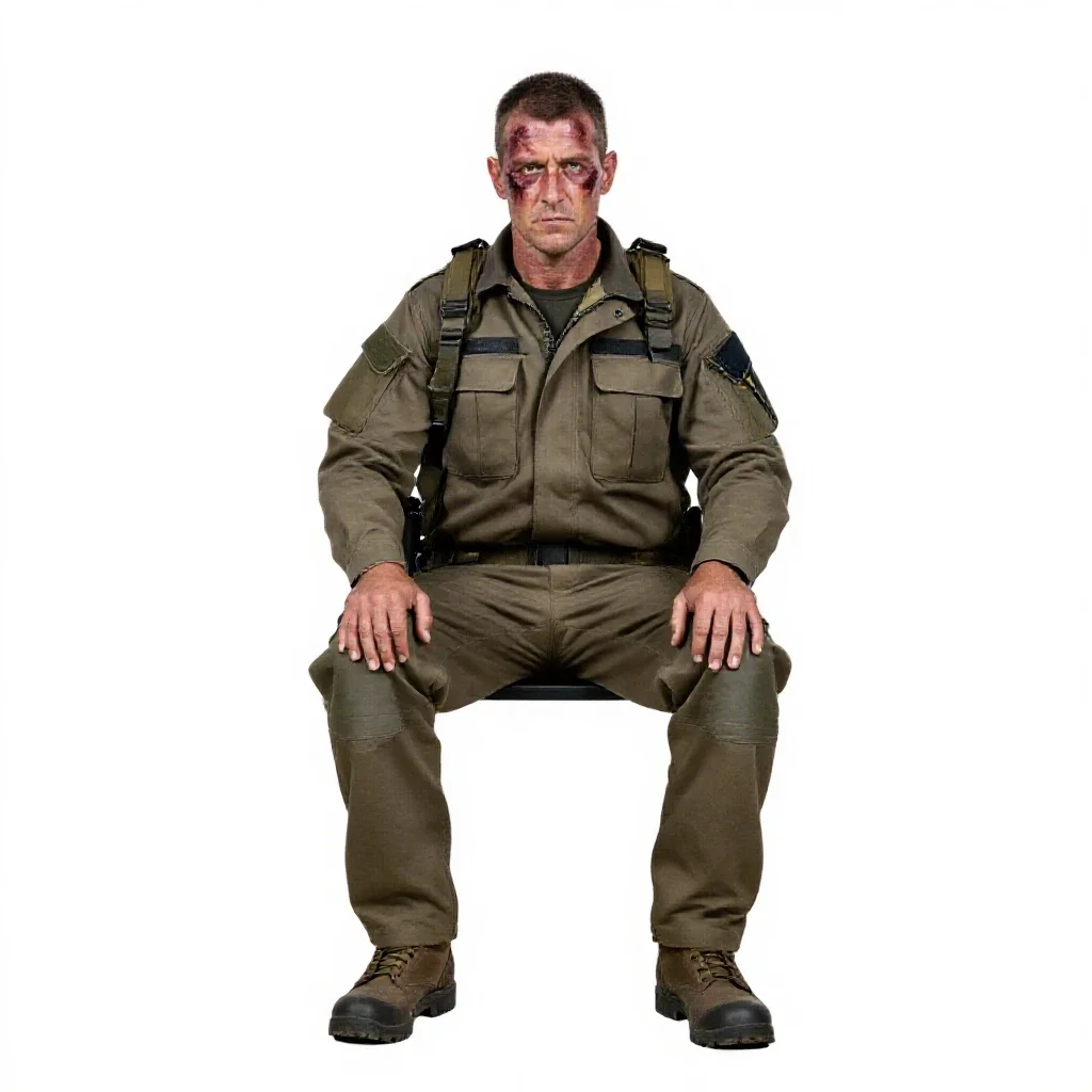 Veteran mercenary with a scarred face isolated on a white background