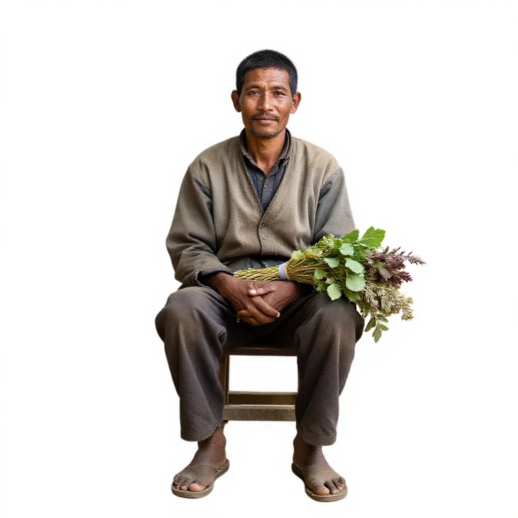 Village healer with herb bundles isolated on a white background