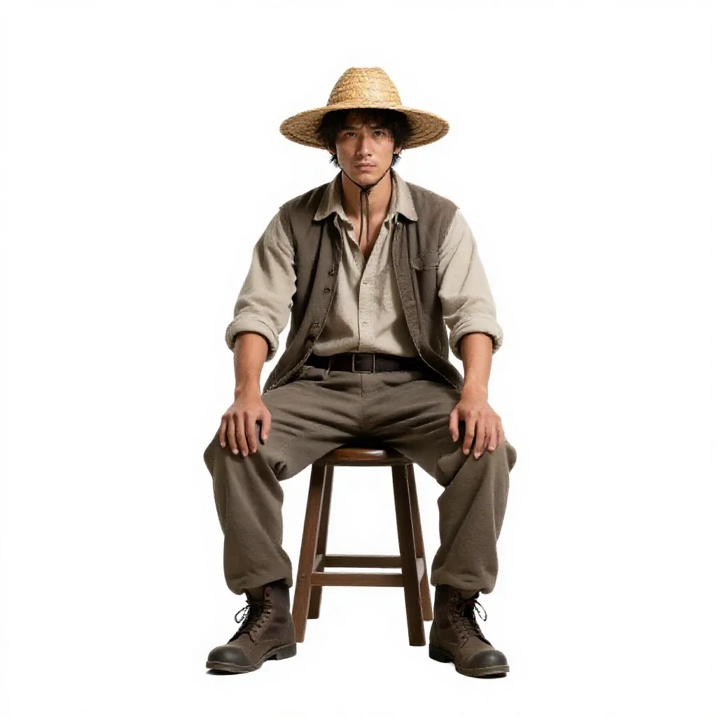 Wandering swordsman in a straw hat isolated on a white background