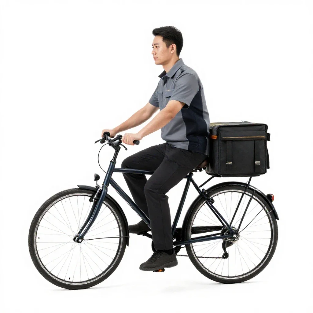 Bicycle courier with a messenger bag isolated on a white background