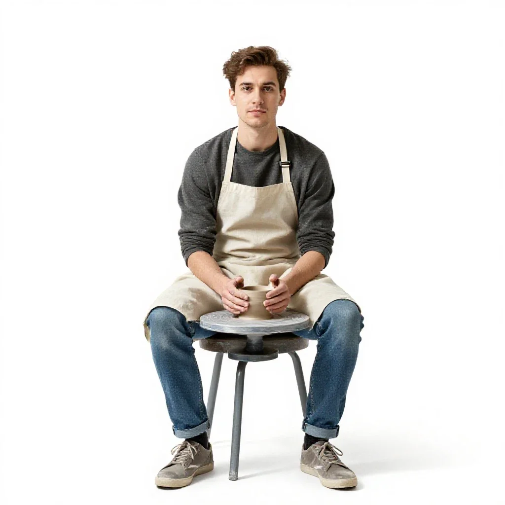 Ceramicist in a clay-dusted apron isolated on a white background