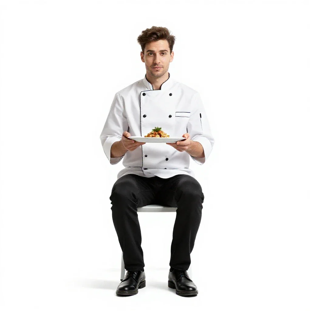 Chef plating a dish isolated on a white background