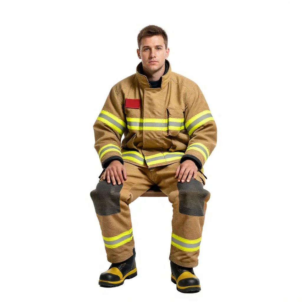 Firefighter in turnout gear isolated on a white background