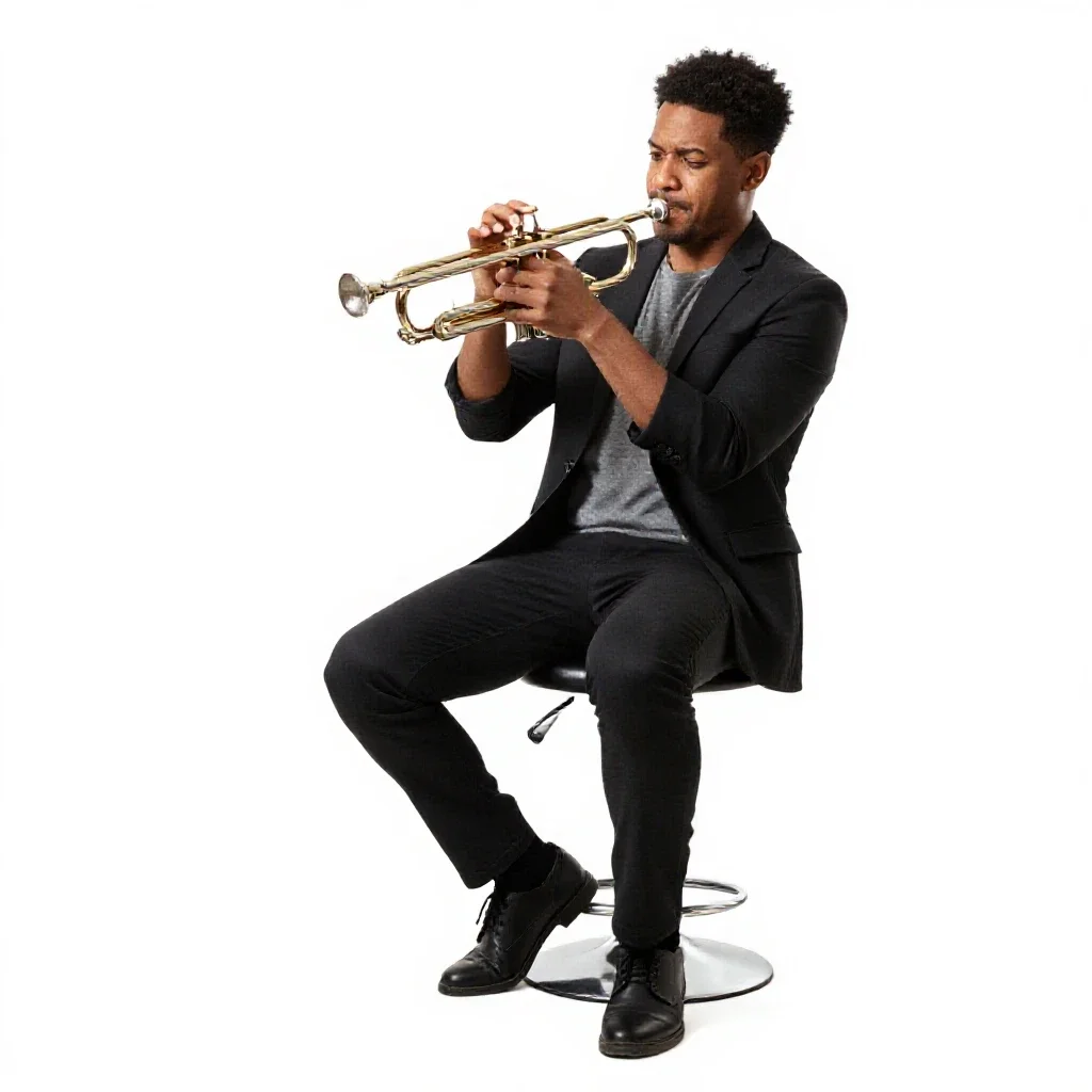Jazz trumpeter mid-performance isolated on a white background