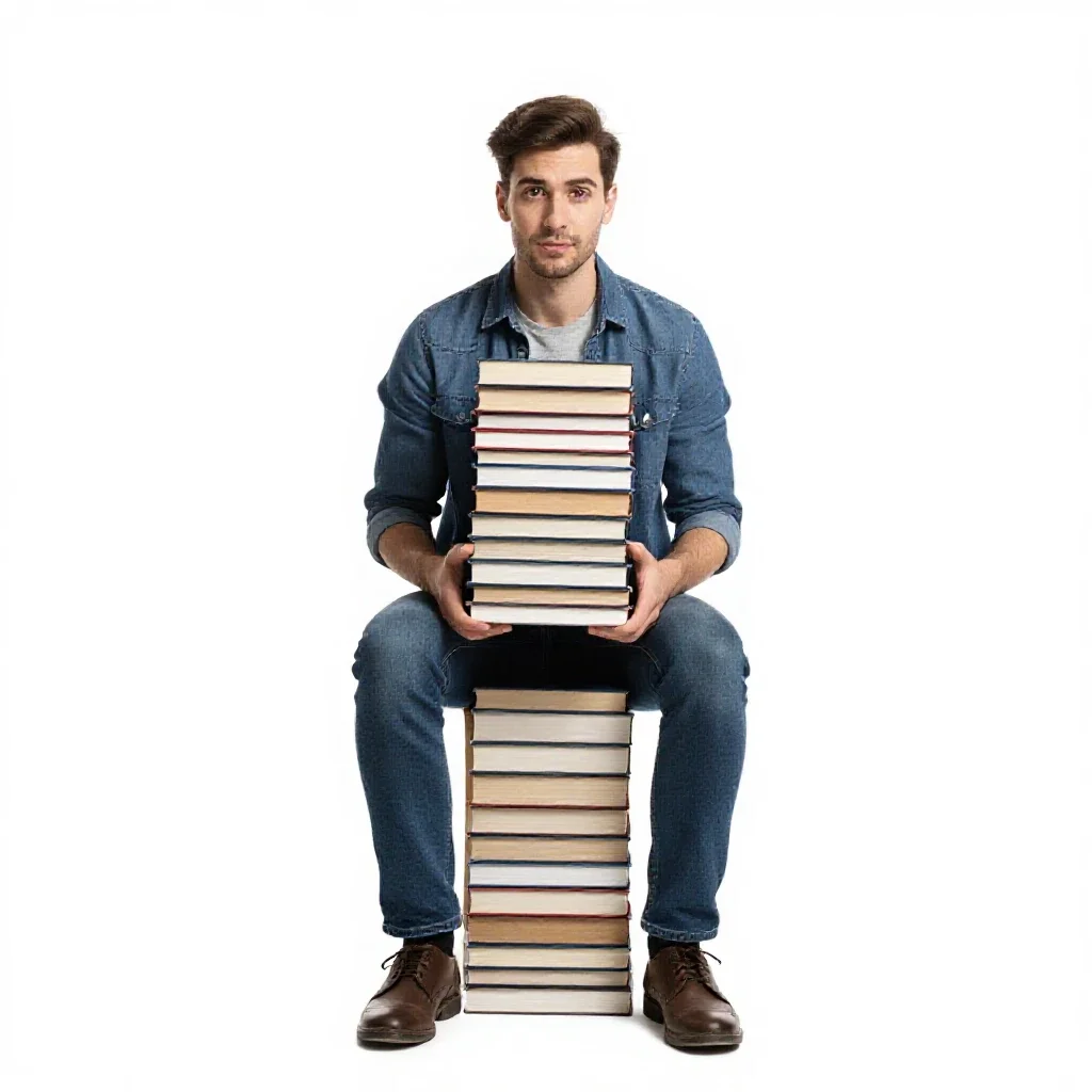 Librarian with a stack of books isolated on a white background