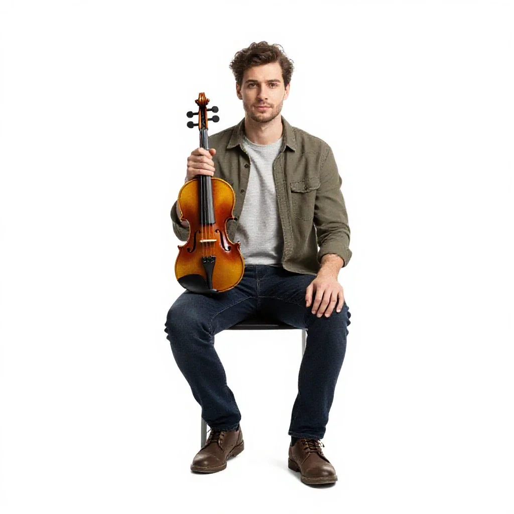 Luthier holding a violin isolated on a white background
