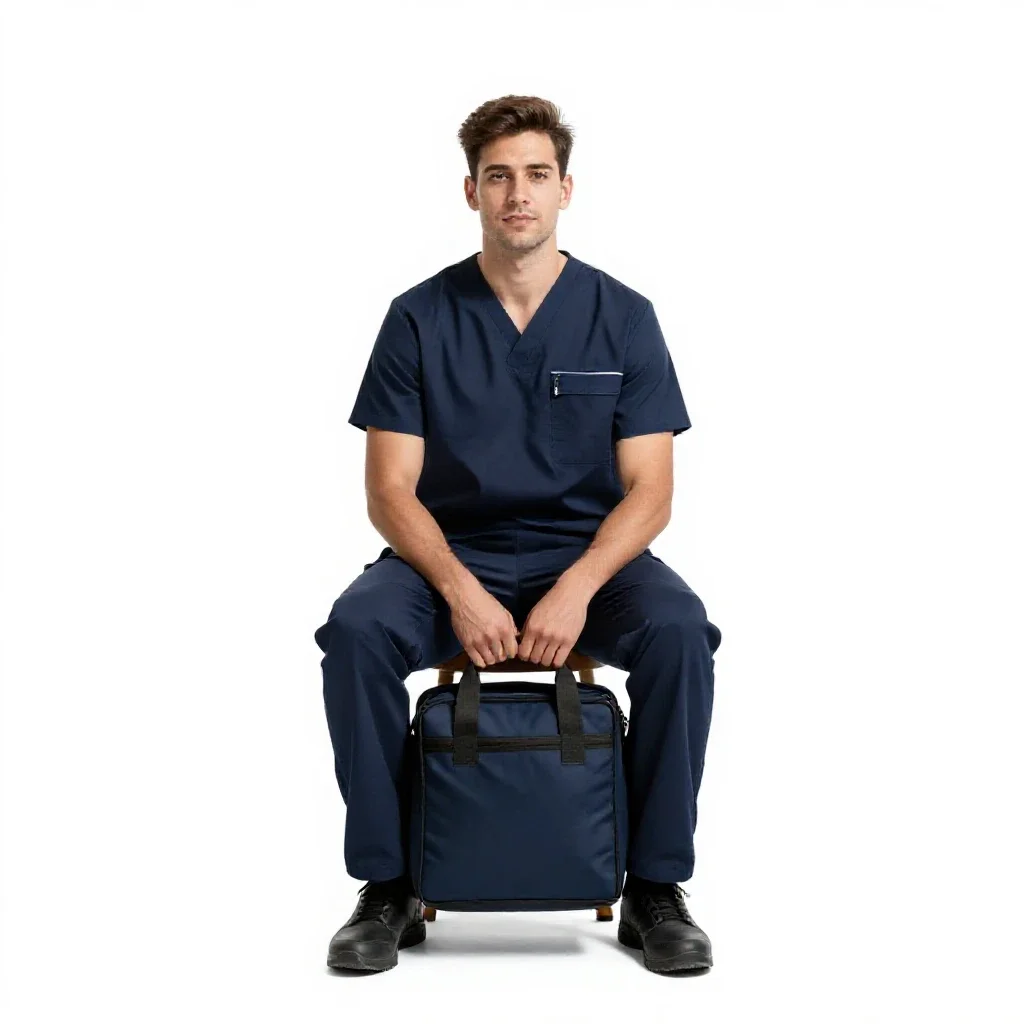 Paramedic with a response bag isolated on a white background