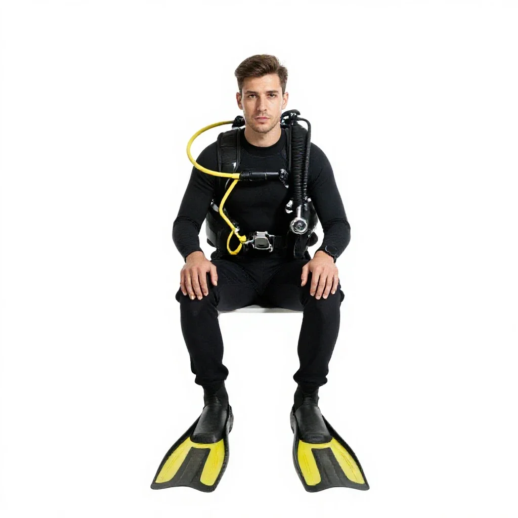 Rescue diver with fins isolated on a white background