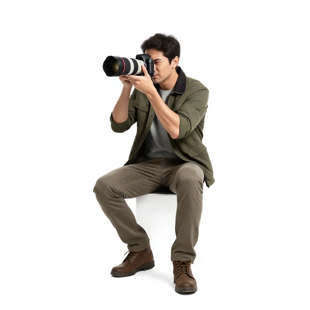 Wildlife photographer with a long lens isolated on a white background