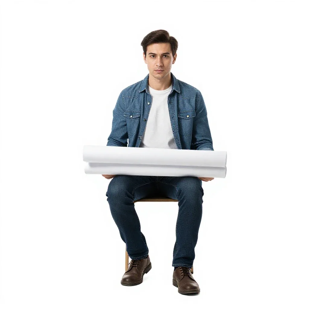 Architect carrying rolled plans isolated on a white background