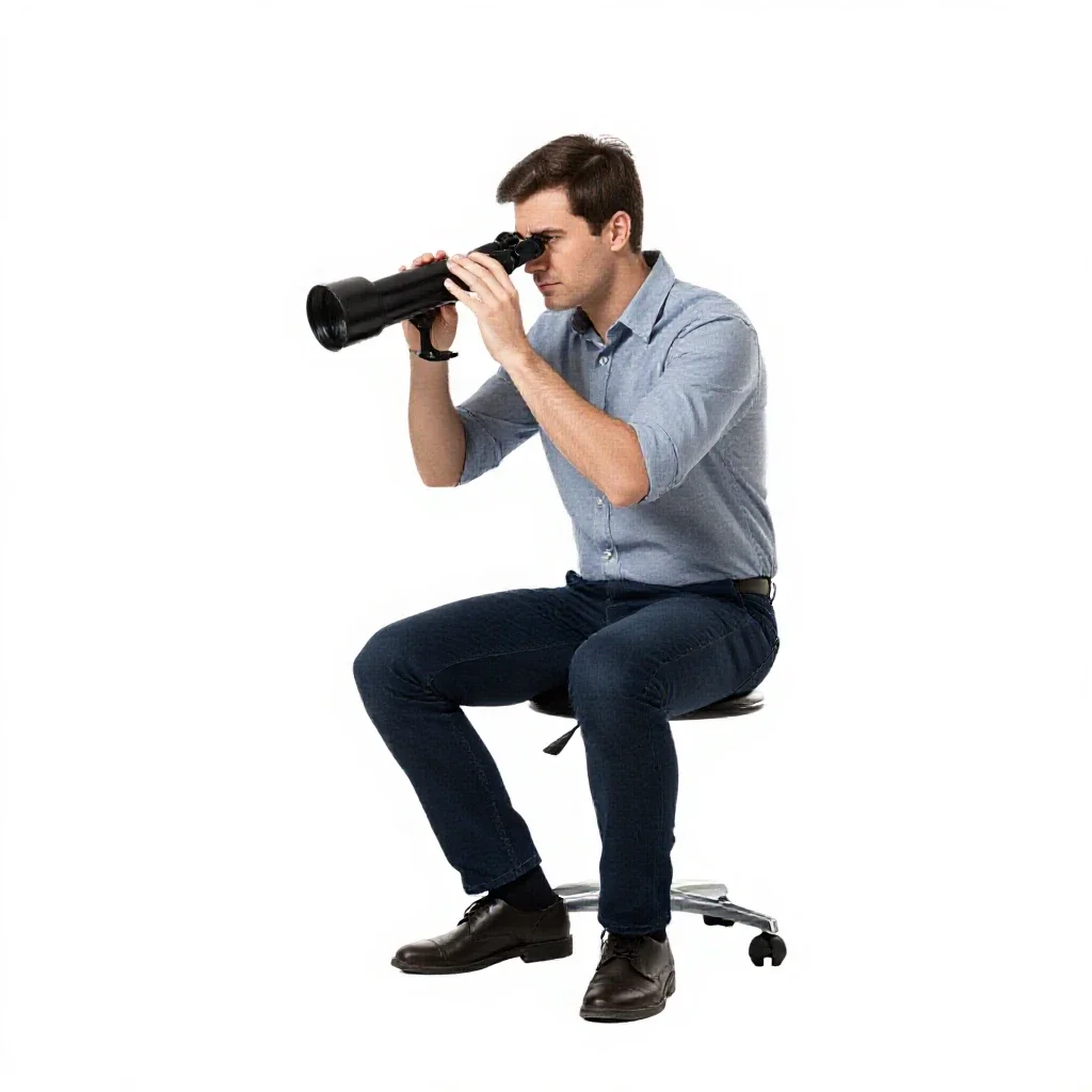 Astronomer at a telescope eyepiece isolated on a white background