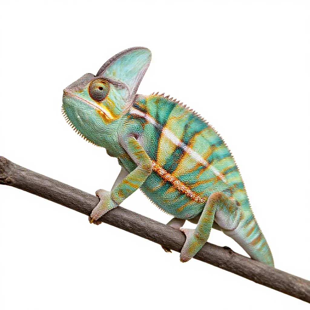 Chameleon on a branch isolated on a white background