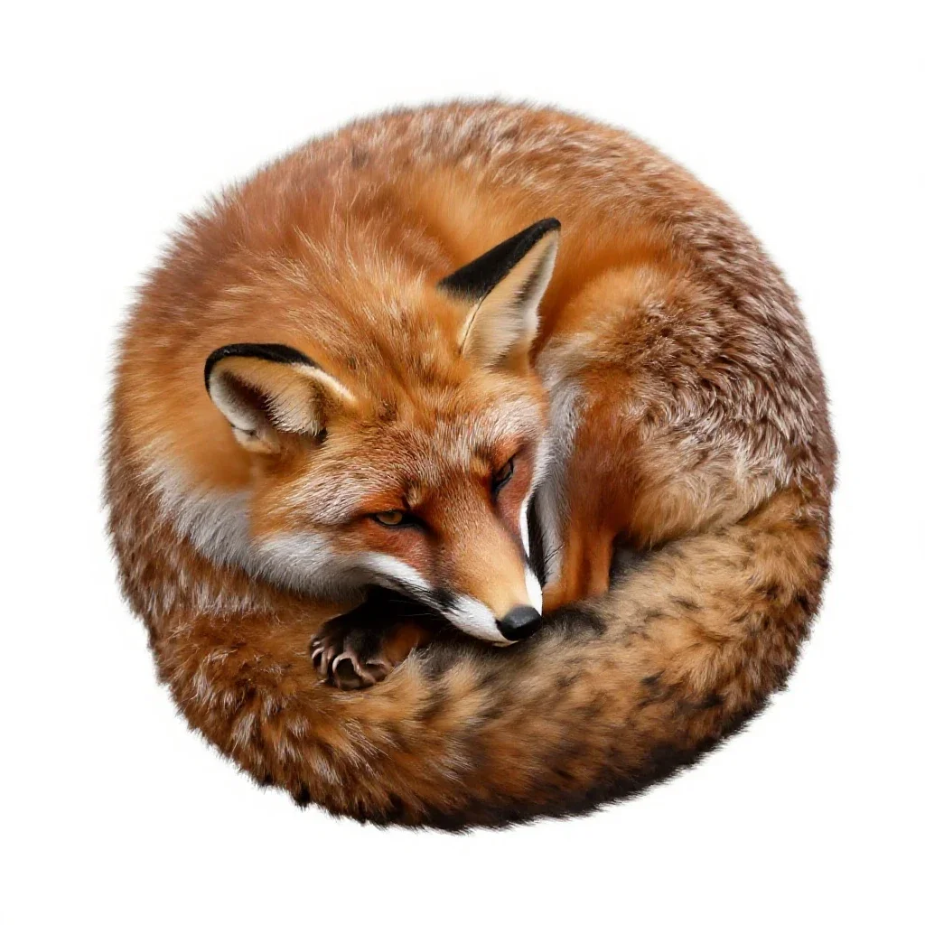Red fox curled asleep isolated on a white background