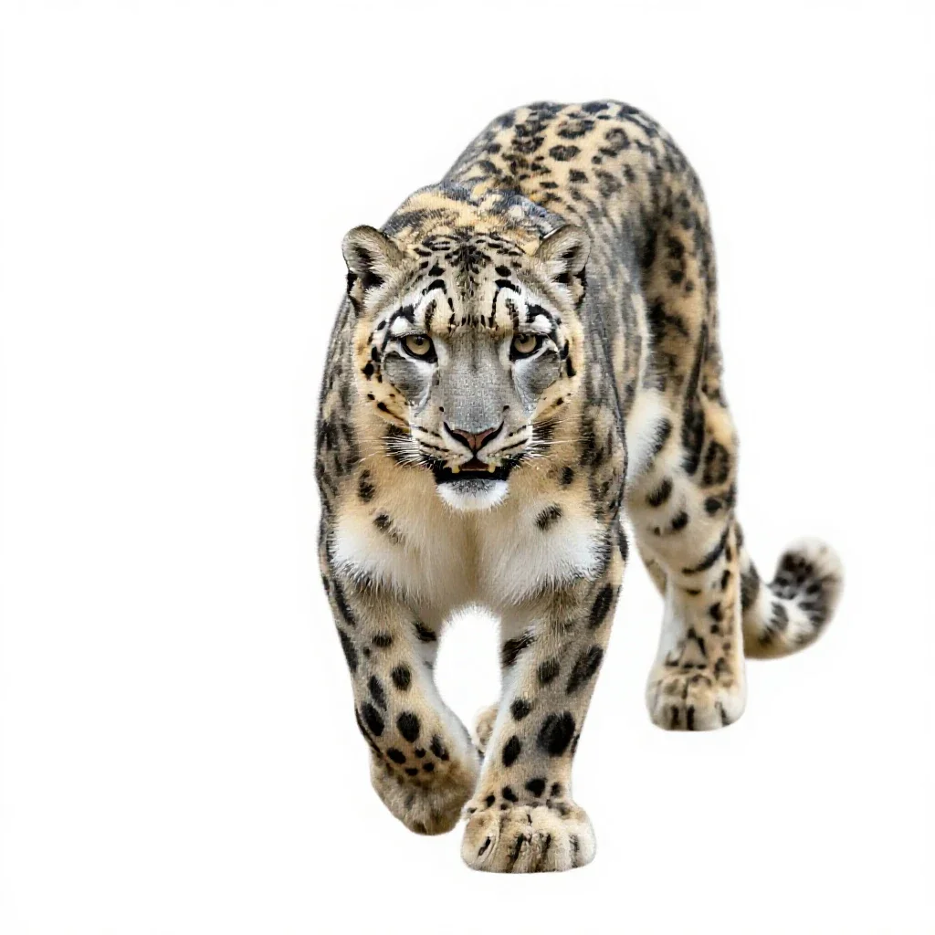 Snow leopard mid-prowl isolated on a white background
