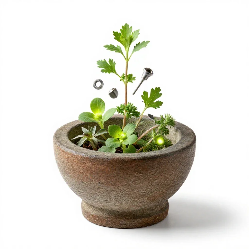 Mortar of glowing herbs isolated on a white background
