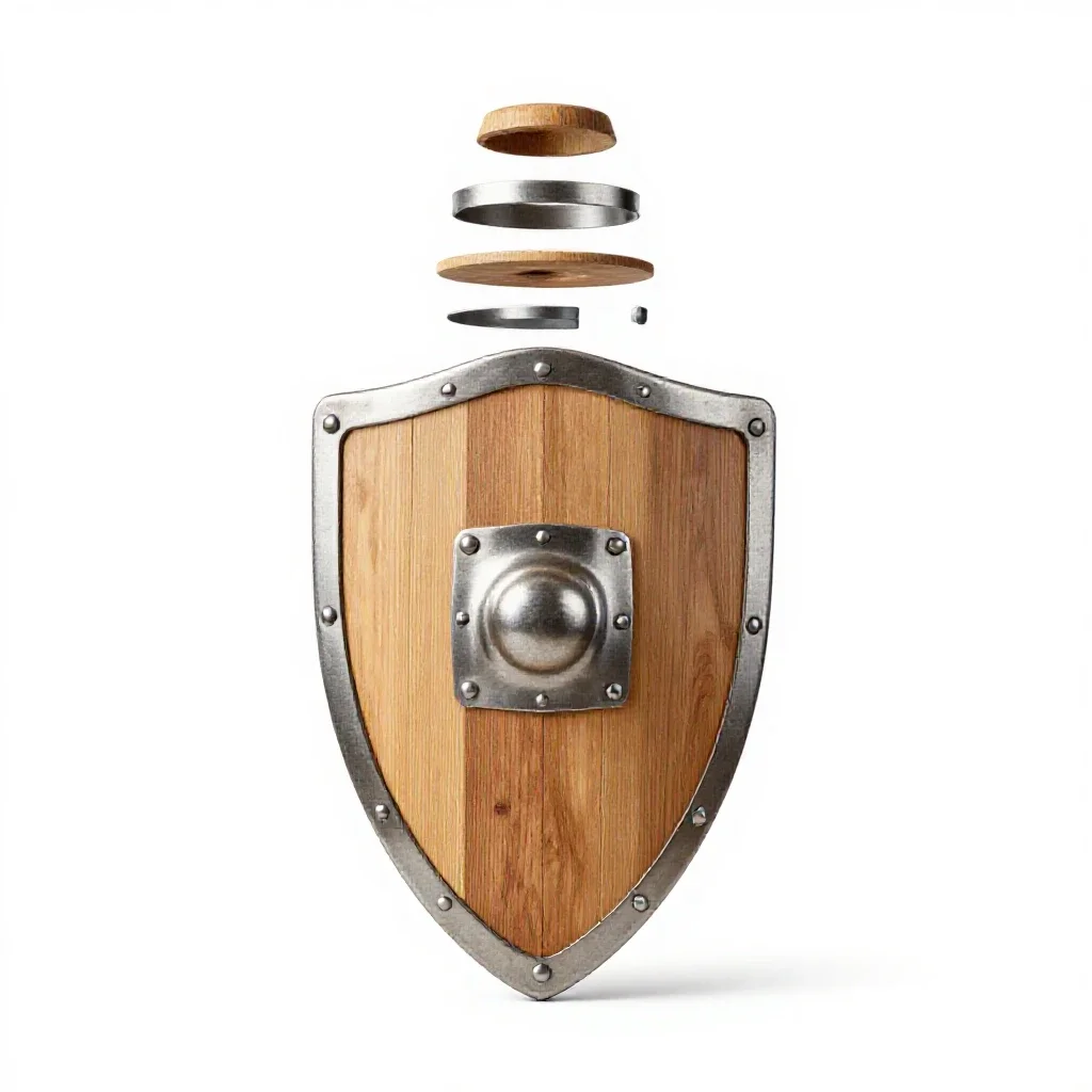 Wooden shield with an iron boss isolated on a white background